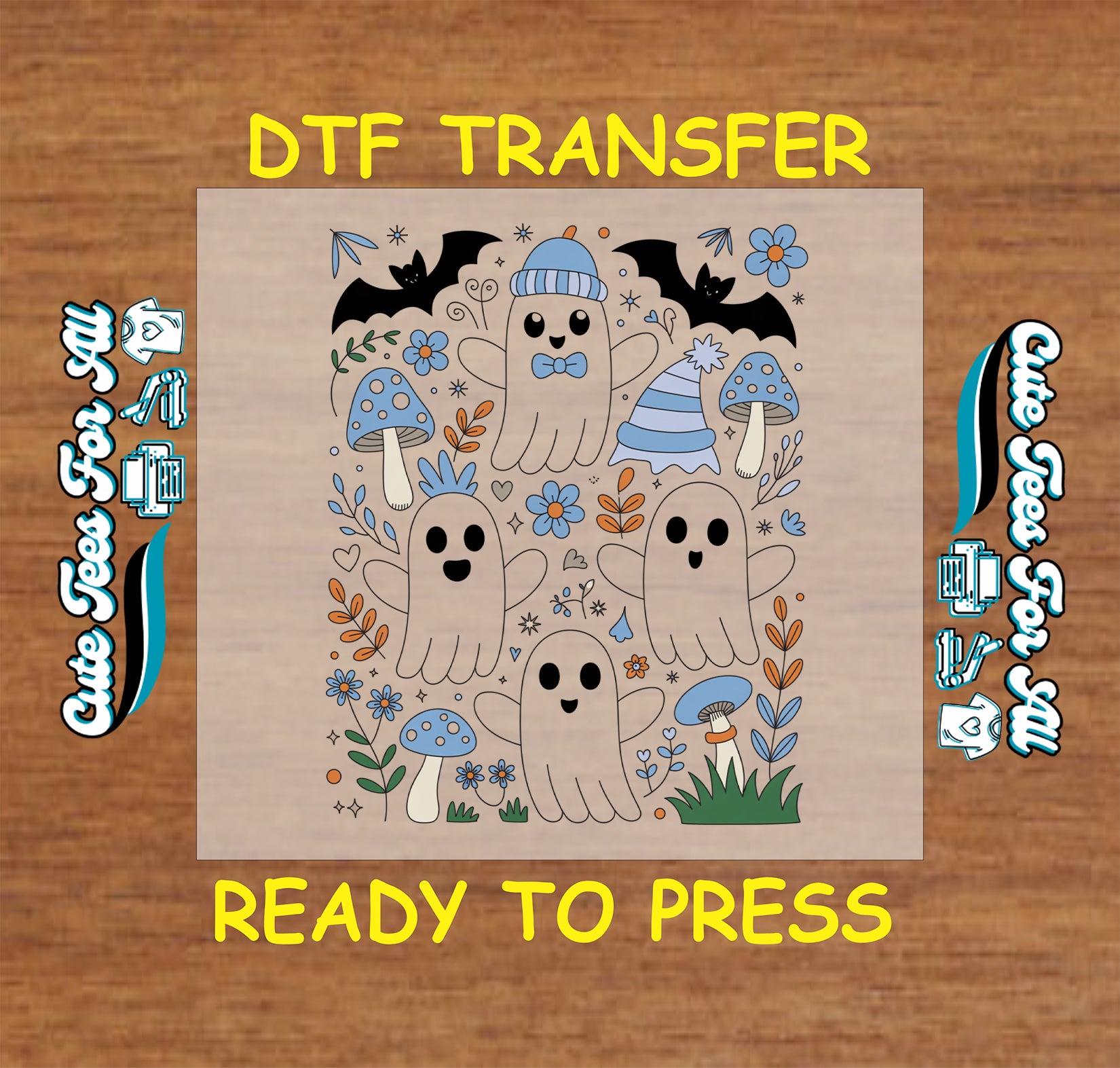 ready to press dtf transfer with five ghosts, hats, bows, flowers, mushrooms, and bats for Halloween DIY shirts

