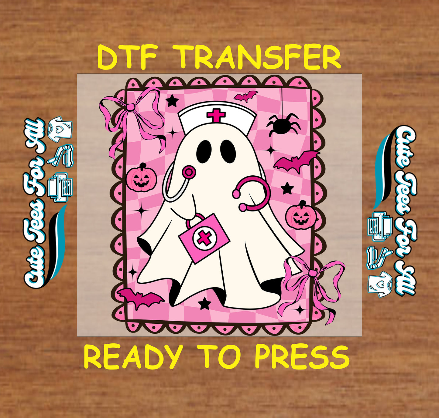 ready to press dtf transfer ghost nurse with pink bag, bows, pumpkins, bats, and spider for halloween diy shirts

