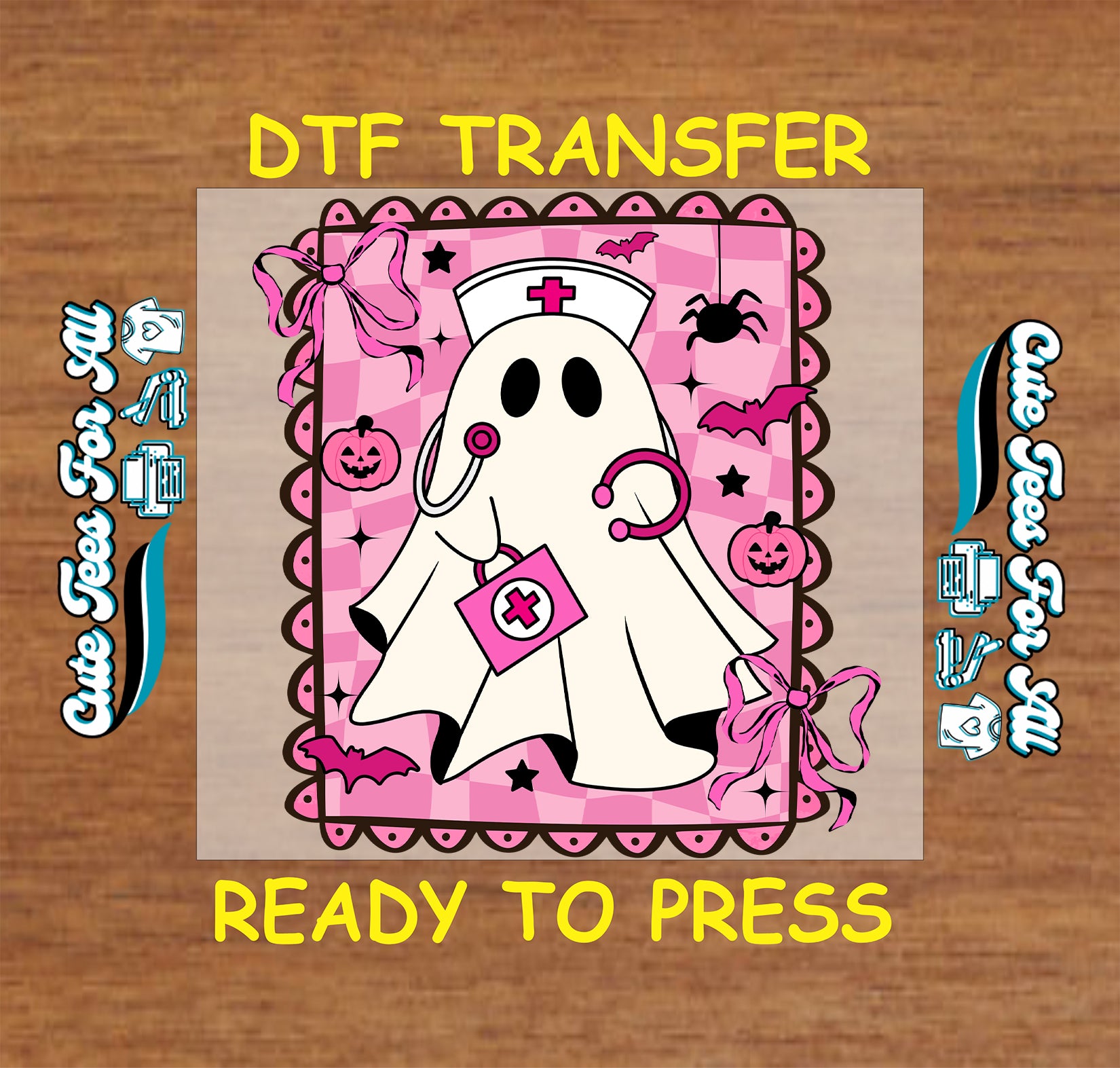 ready to press dtf transfer ghost nurse with pink bag, bows, pumpkins, bats, and spider for halloween diy shirts

