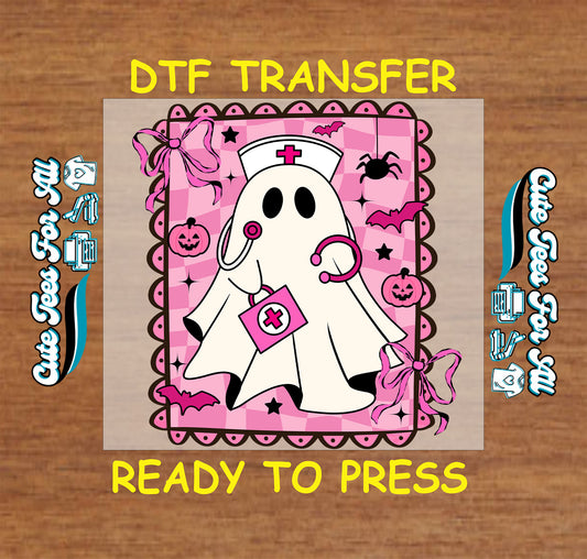 ready to press dtf transfer ghost nurse with pink bag, bows, pumpkins, bats, and spider for halloween diy shirts

