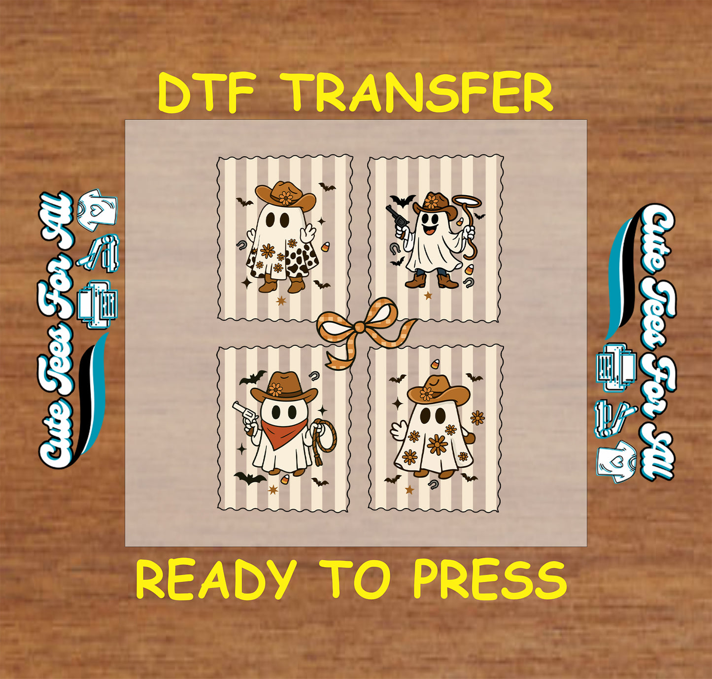 ready to press dtf transfer set of four cowboy ghosts with hats, boots, ropes, flowers, and bats for halloween diy shirts

