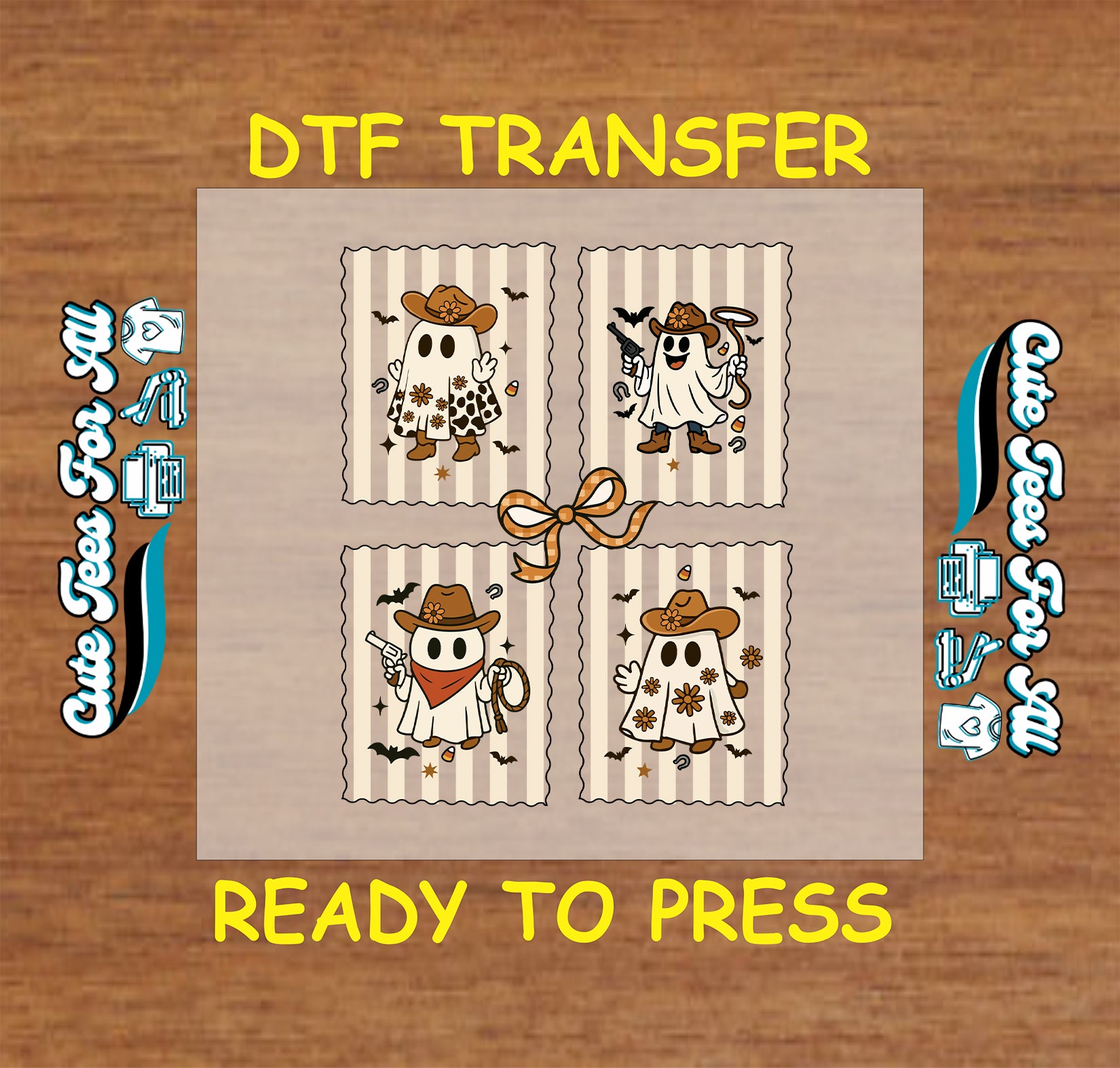 ready to press dtf transfer set of four cowboy ghosts with hats, boots, ropes, flowers, and bats for halloween diy shirts

