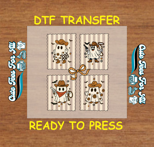 ready to press dtf transfer set of four cowboy ghosts with hats, boots, ropes, flowers, and bats for halloween diy shirts

