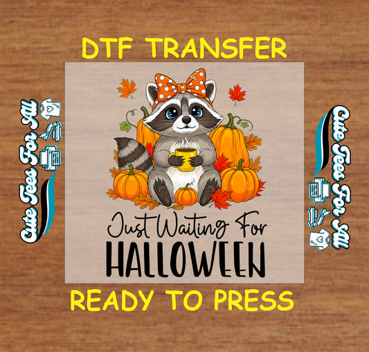 ready to press dtf transfer raccoon with pumpkins coffee cup and just waiting for halloween text for diy shirts

