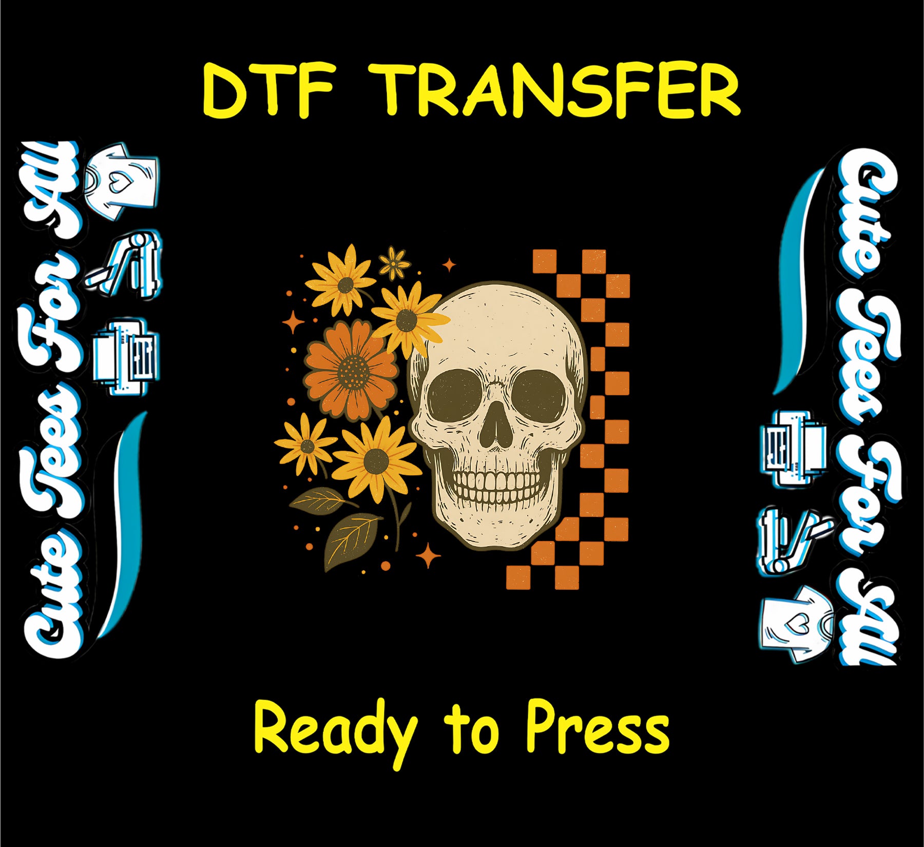 ready to press dtf transfer skull with sunflowers and orange checkerboard for diy shirts

