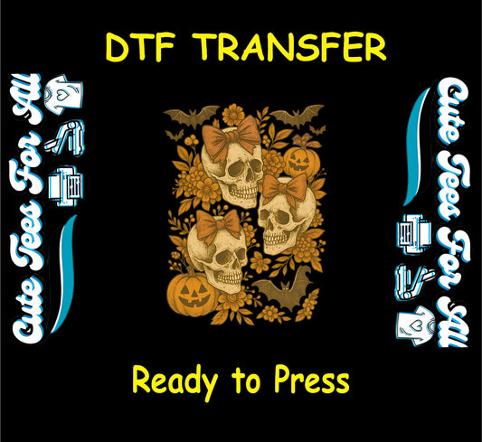 ready to press dtf transfer with three skulls, orange bows, pumpkins, bats, and golden flowers for diy shirts

