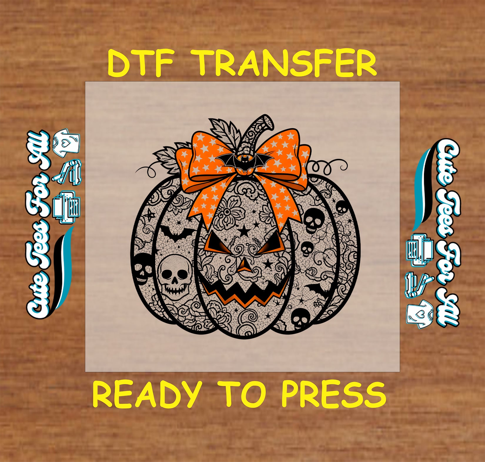 ready to press dtf transfer lace pumpkin with skulls and orange star bow for diy shirts

