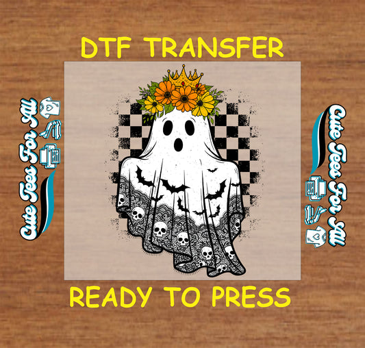 ready to press dtf transfer ghost with lace skull hem sunflower crown and bats for diy shirts

