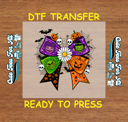 Halloween bow with witch faces, pumpkins, skulls, spiderwebs, and daisy – ready to press dtf transfer for DIY shirts

