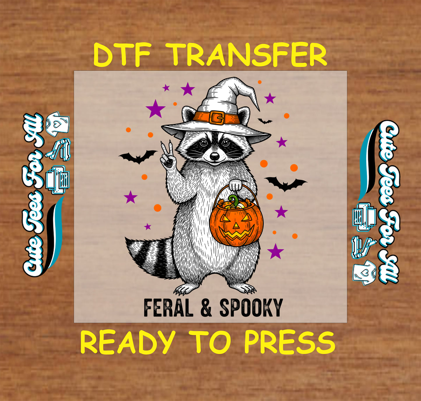 Halloween raccoon with witch hat, pumpkin bucket, bats, and stars – ready to press dtf transfer for DIY shirts

