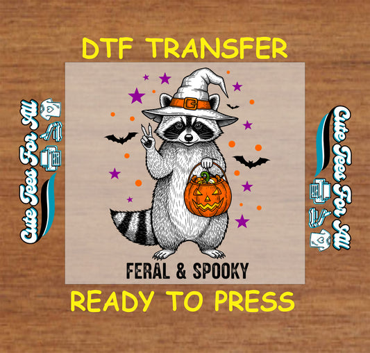 Halloween raccoon with witch hat, pumpkin bucket, bats, and stars – ready to press dtf transfer for DIY shirts

