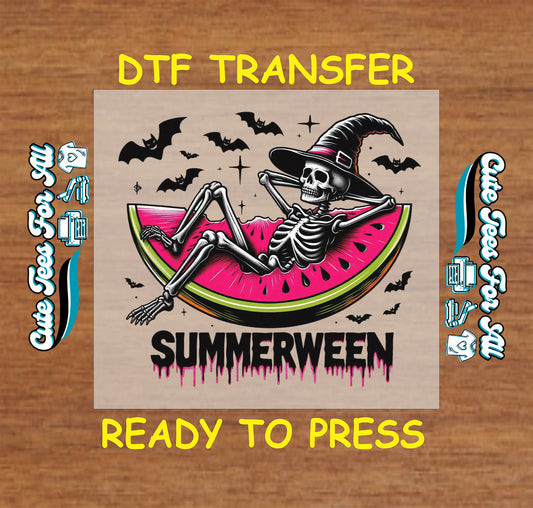 Skeleton in witch hat lounging in watermelon slice with bats – ready to press dtf transfer for DIY shirts

