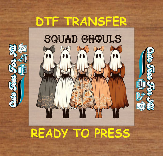 Five ghosts in dresses with bows and pumpkin prints – ready to press dtf transfer for DIY shirts

