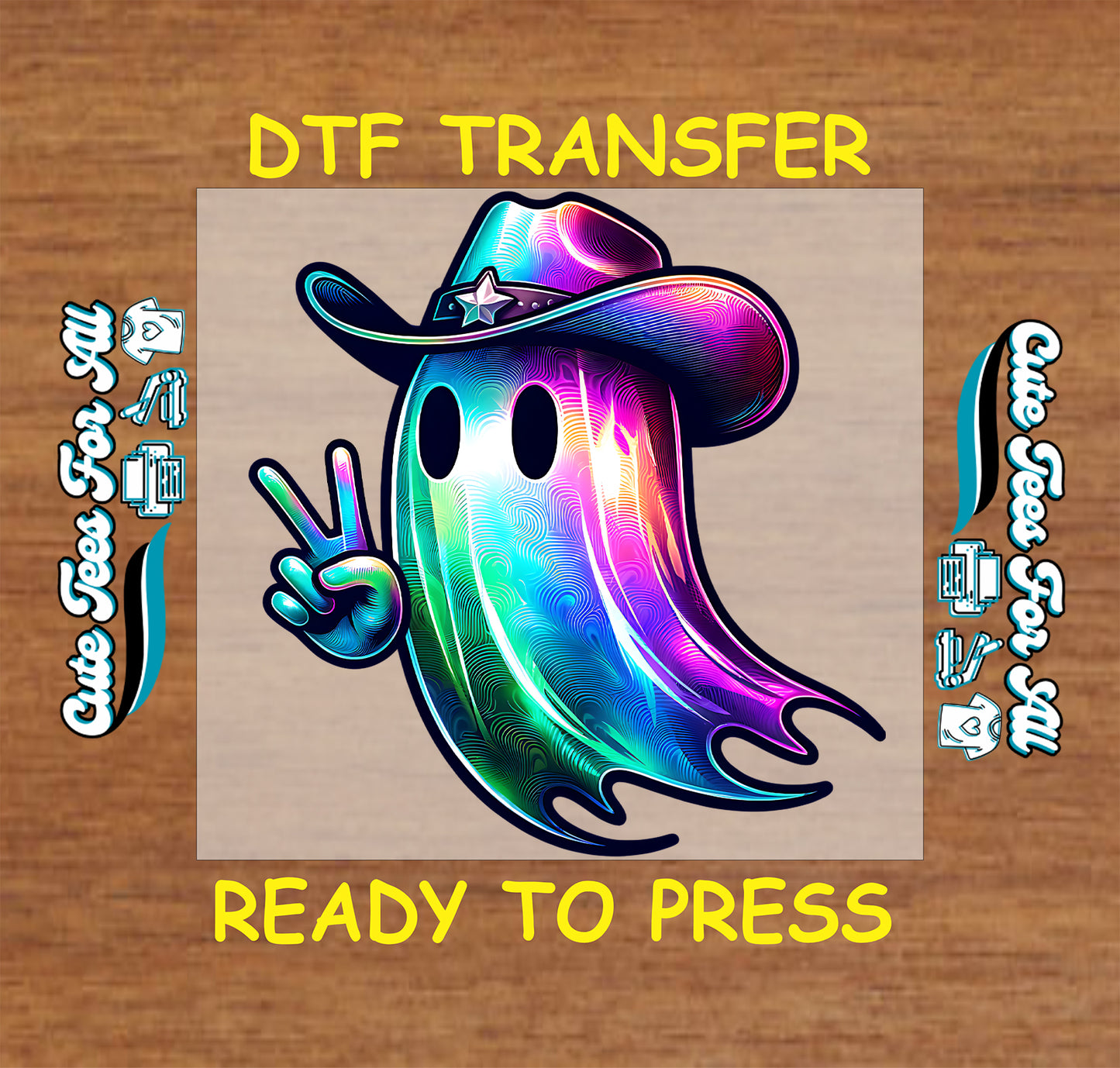 Colorful holographic ghost in cowboy hat with peace sign – ready to press dtf transfer for DIY shirts

