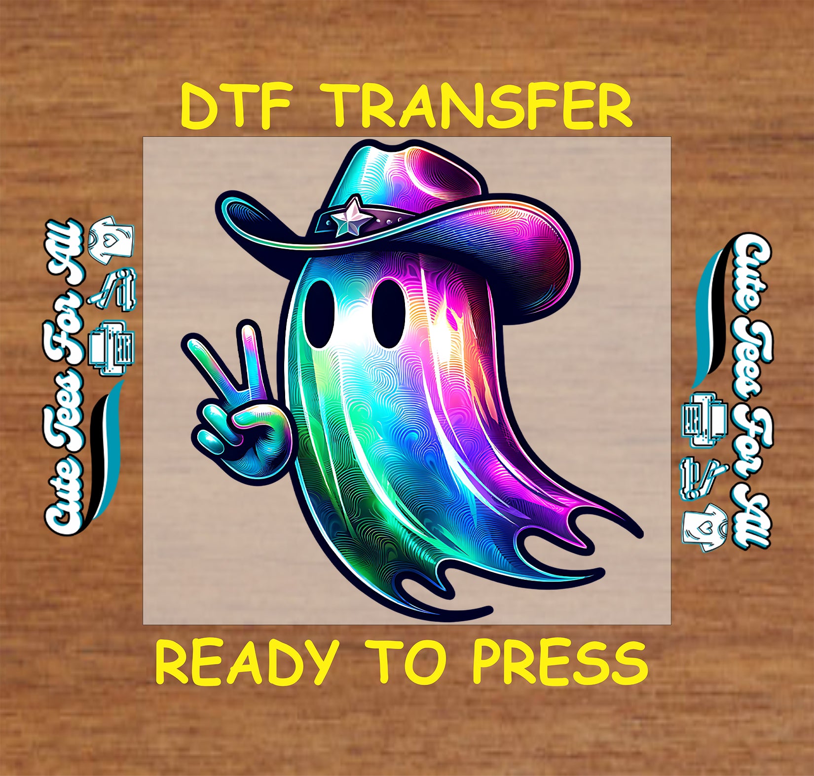 Colorful holographic ghost in cowboy hat with peace sign – ready to press dtf transfer for DIY shirts

