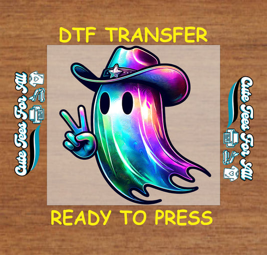 Colorful holographic ghost in cowboy hat with peace sign – ready to press dtf transfer for DIY shirts

