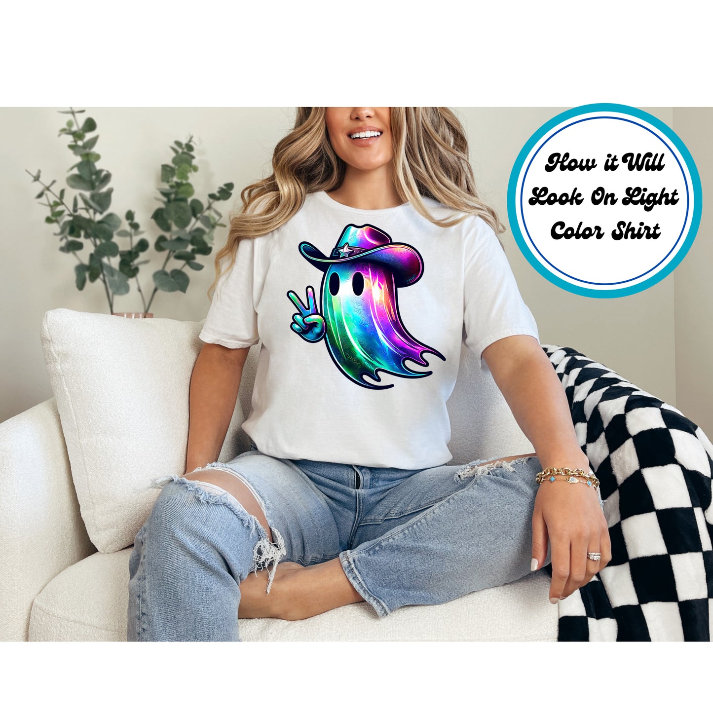 Halloween DTF Transfer – Colorful Cowboy Ghost Peace Sign Ready to Press Iron on Heat Transfer DIY Shirts 11193