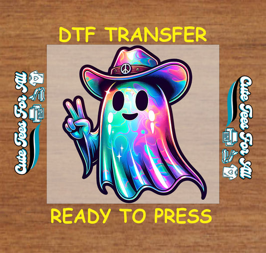 Colorful smiling ghost in cowboy hat with peace symbol – ready to press dtf transfer for DIY shirts

