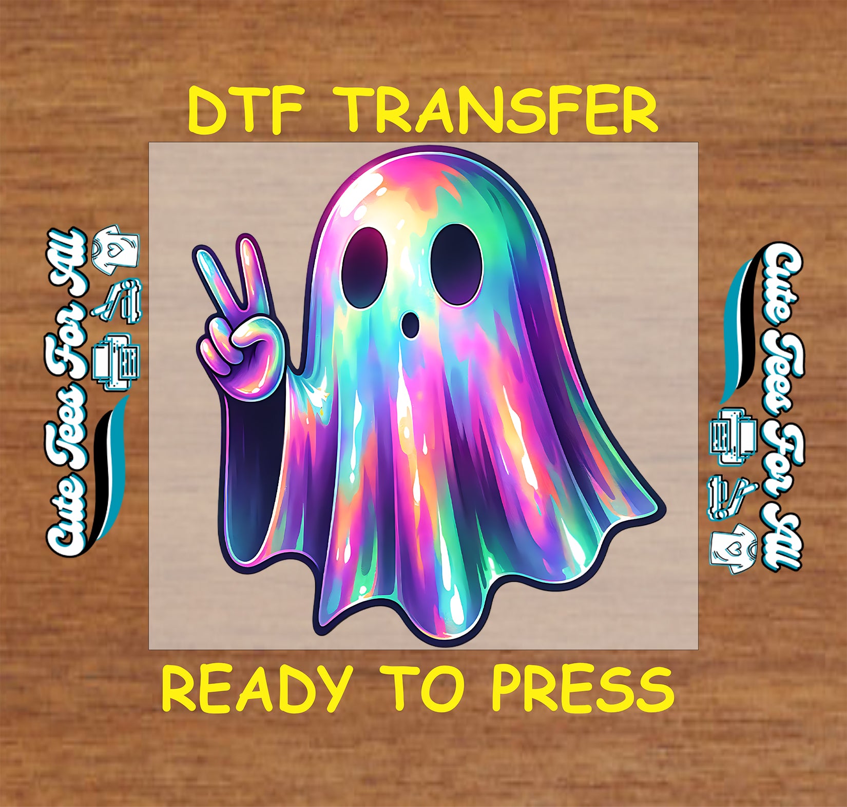 Colorful holographic ghost flashing peace sign – ready to press dtf transfer for DIY shirts

