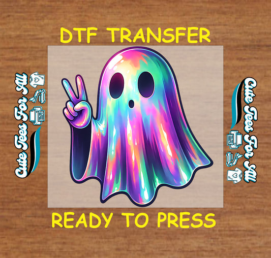 Colorful holographic ghost flashing peace sign – ready to press dtf transfer for DIY shirts

