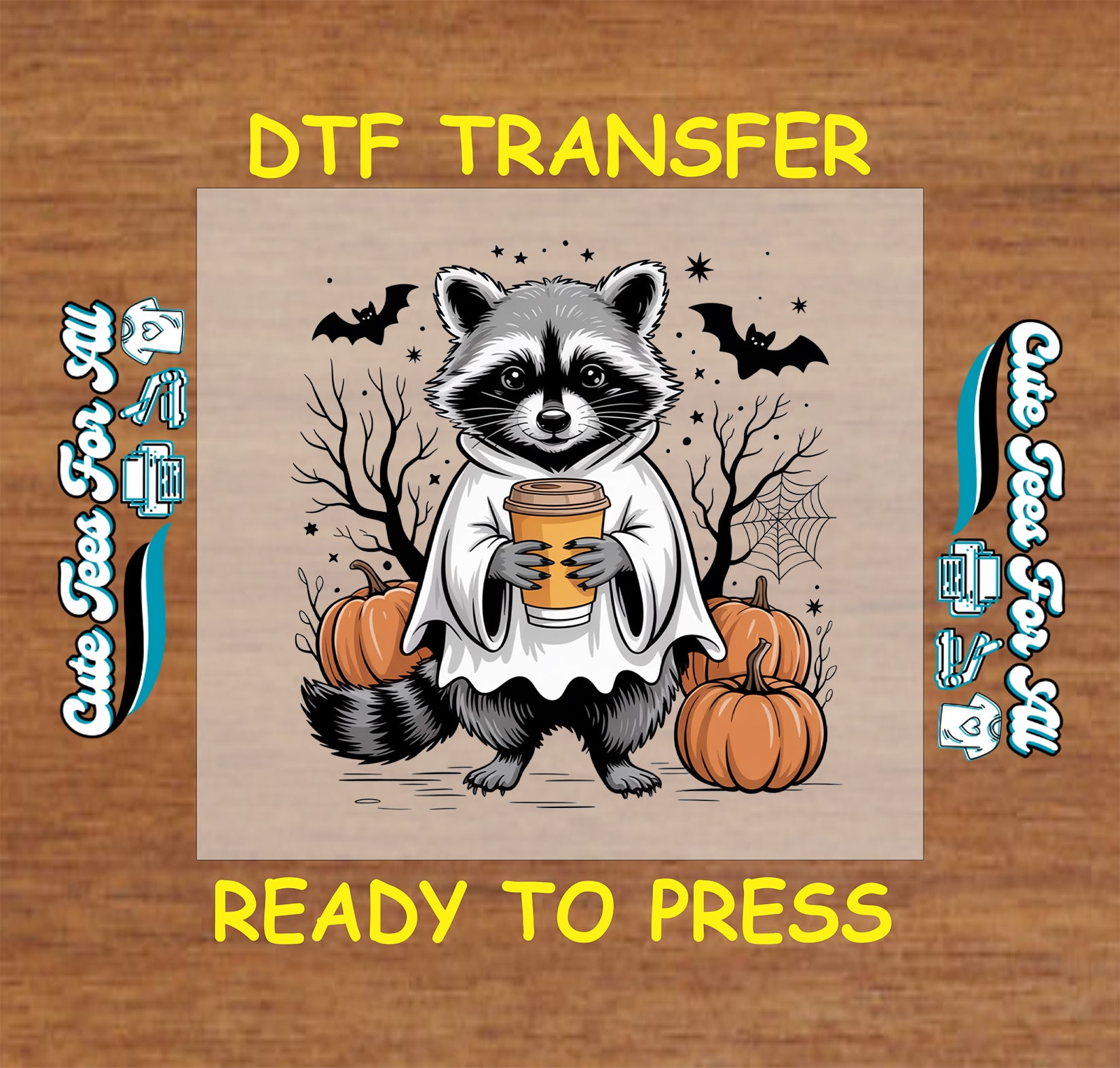 Ghost raccoon holding coffee with pumpkins, bats, and spiderwebs – ready to press dtf transfer for DIY shirts

