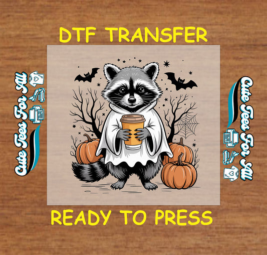 Ghost raccoon holding coffee with pumpkins, bats, and spiderwebs – ready to press dtf transfer for DIY shirts

