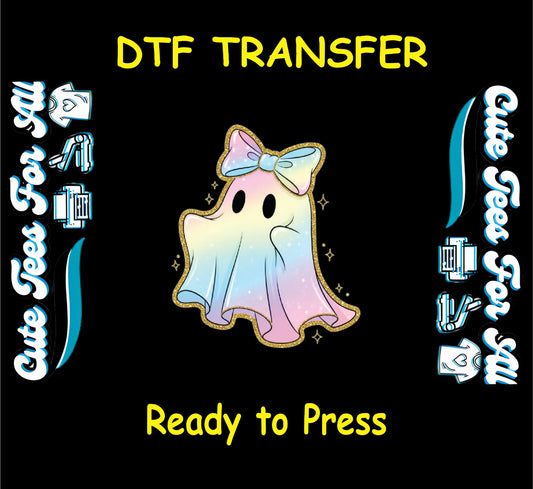 Pastel gradient ghost with gold outline and blue bow – ready to press dtf transfer for DIY shirts

