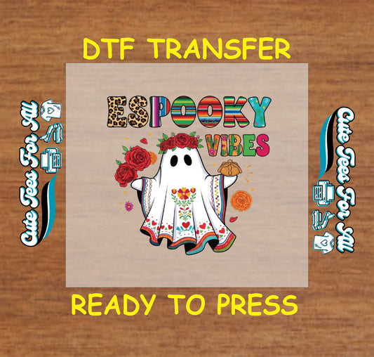 Espooky Vibes ghost with floral crown, embroidered dress, pan dulce – ready to press dtf transfer for DIY shirts

