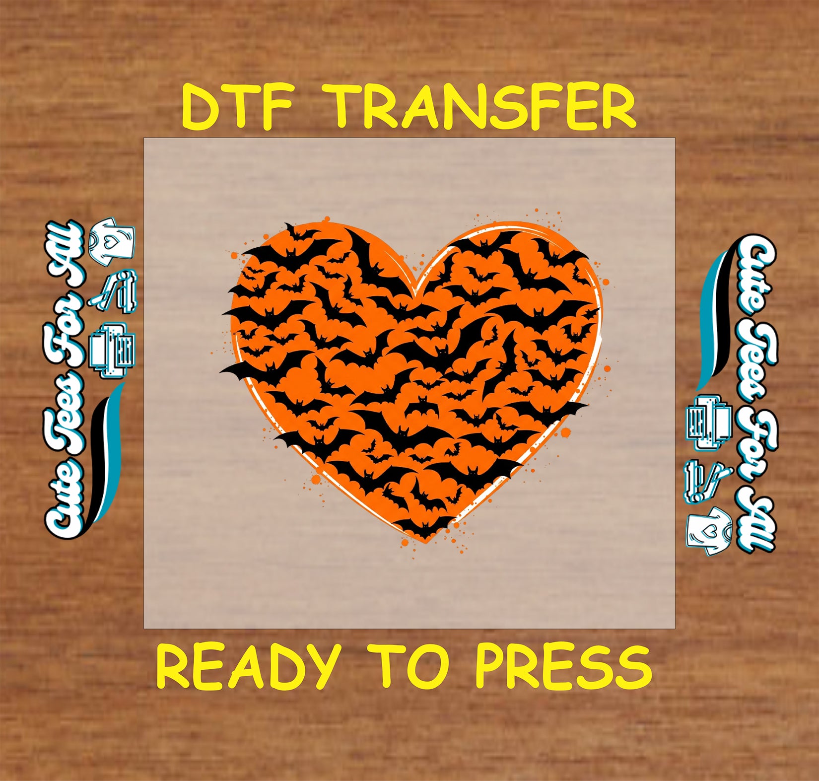 Orange heart filled with black bats – ready to press dtf transfer for DIY shirts

