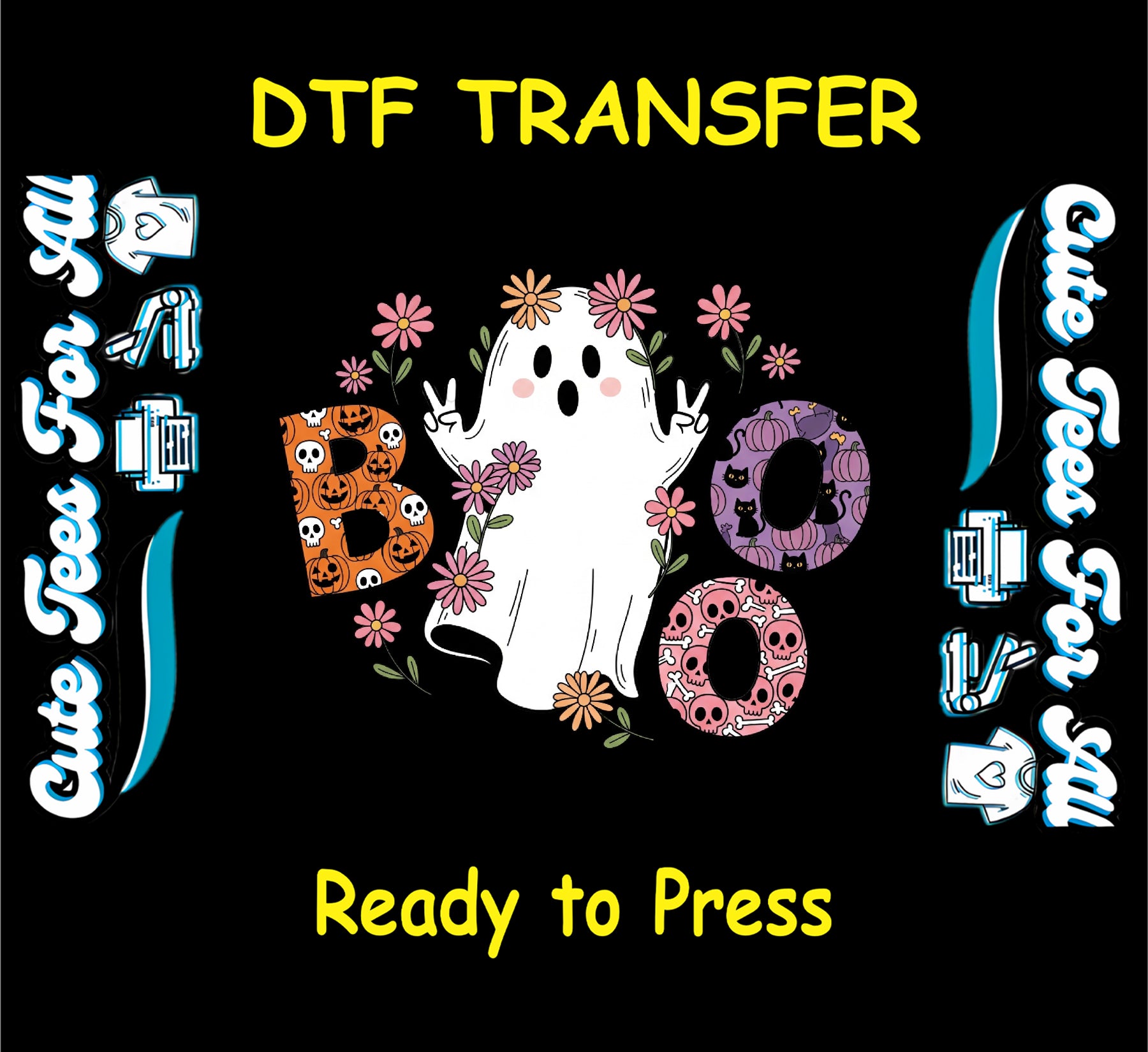 Boo ghost with flowers, pumpkins, skulls, cats, and bats – ready to press dtf transfer for DIY shirts

