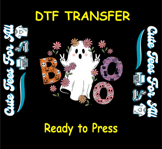 Boo ghost with flowers, pumpkins, skulls, cats, and bats – ready to press dtf transfer for DIY shirts

