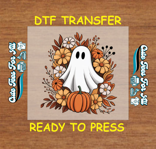 Ghost with pumpkin and autumn flowers – ready to press dtf transfer for DIY shirts

