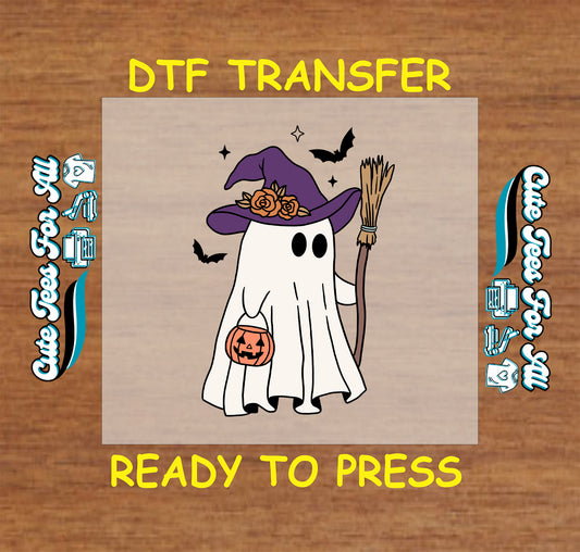 Witch ghost with pumpkin pail and broom, bats, and sparkles – ready to press dtf transfer for DIY shirts

