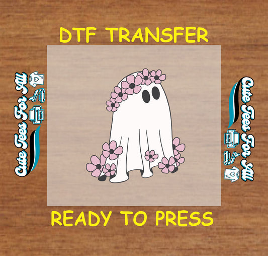 Ghost with pink flower crown and blossoms – ready to press dtf transfer for DIY shirts

