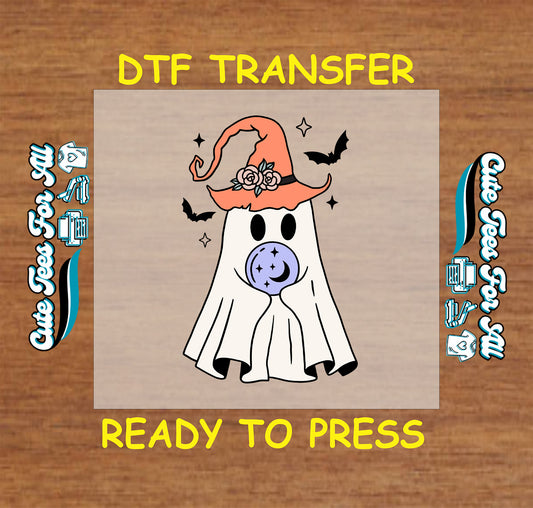 Witch ghost holding crystal ball with moon and stars – ready to press dtf transfer for DIY shirts

