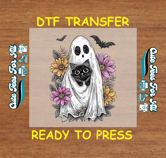 Halloween ghost holding black cat with flowers ready to press dtf transfer for DIY shirts

