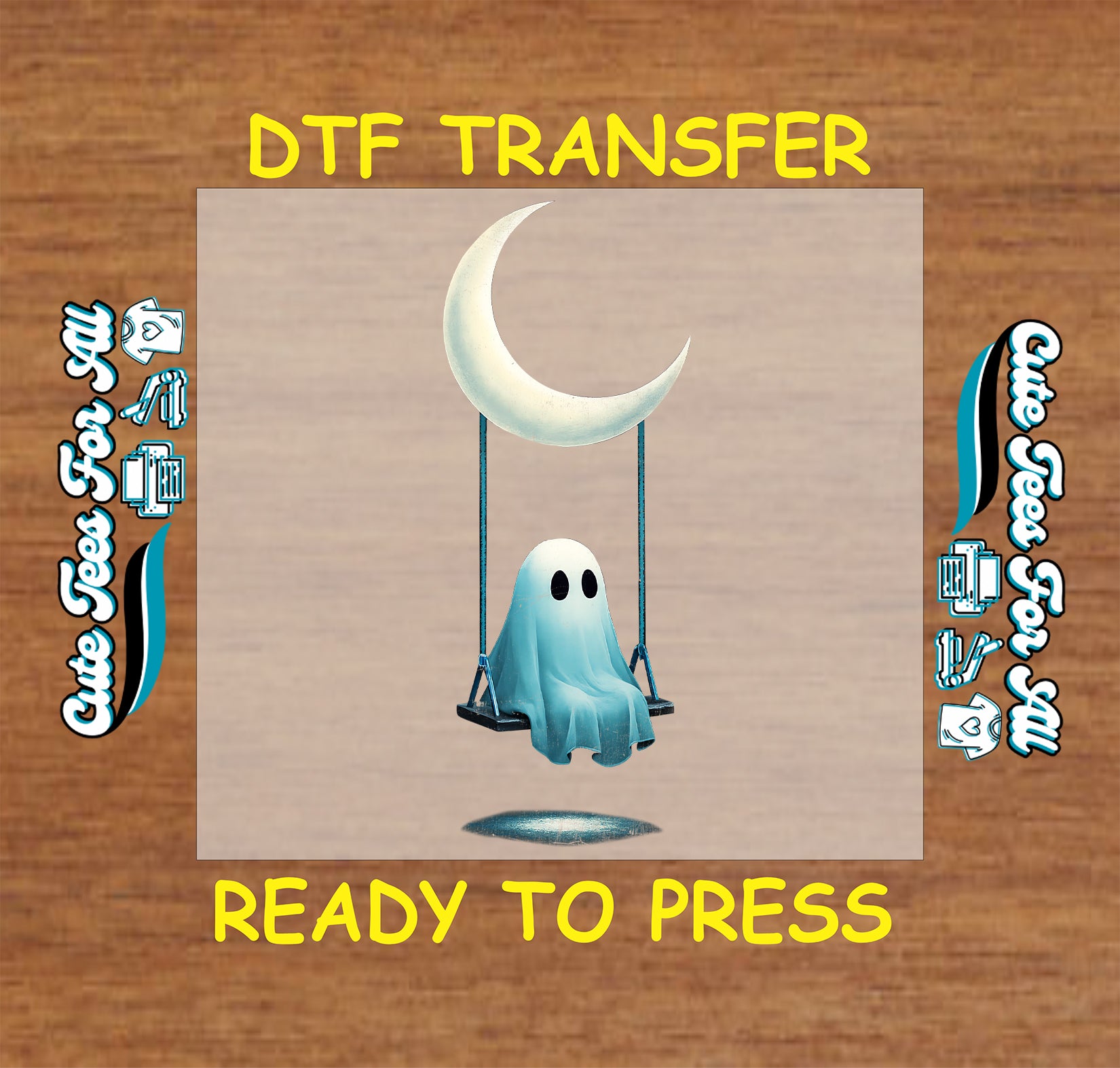 Blue ghost on crescent moon swing ready to press dtf transfer for DIY shirts

