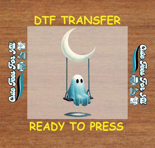 Blue ghost on crescent moon swing ready to press dtf transfer for DIY shirts

