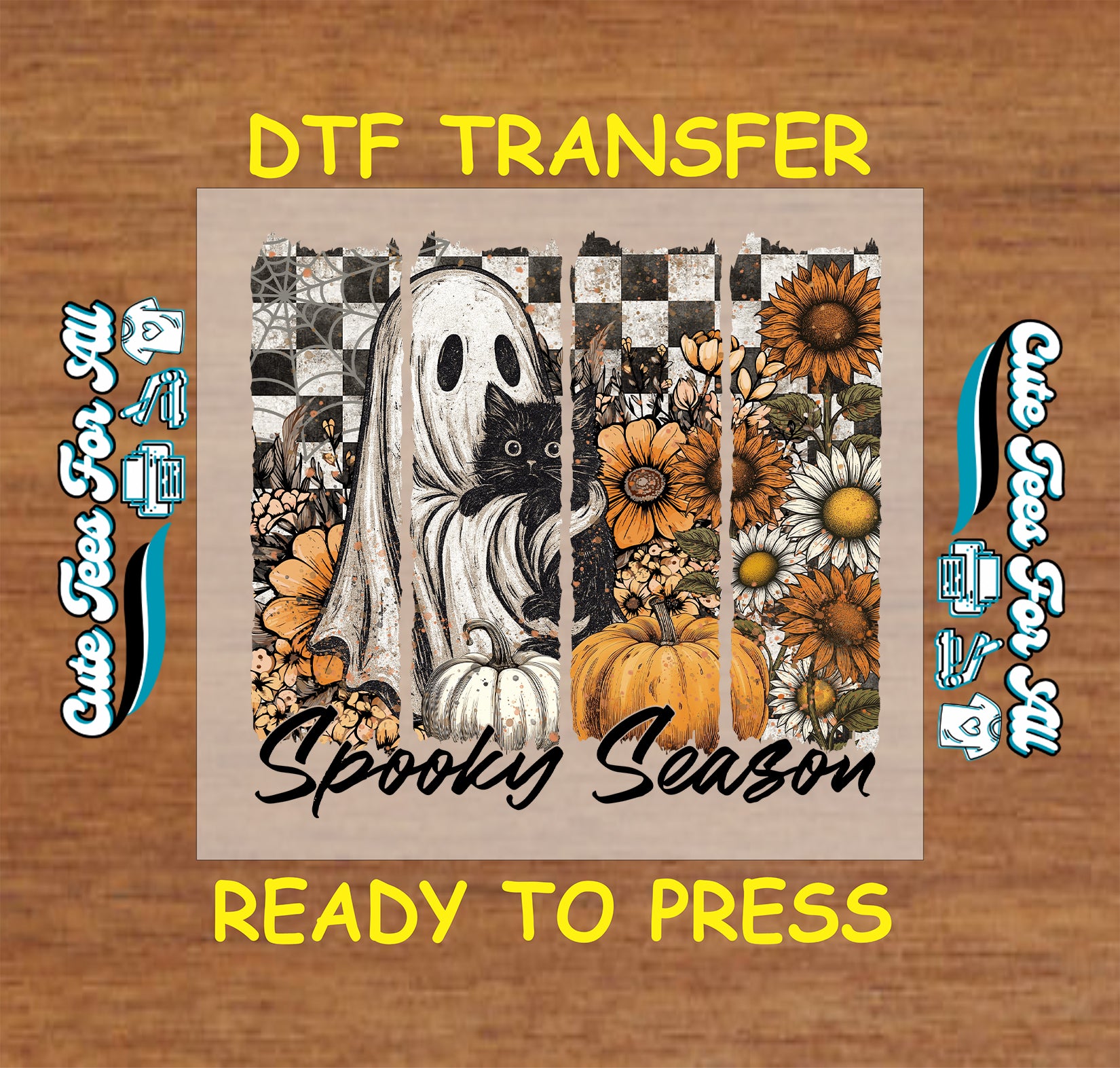 Spooky Season ghost with black cat pumpkins and sunflowers ready to press dtf transfer for DIY shirts

