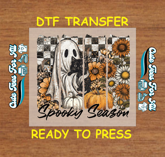 Spooky Season ghost with black cat pumpkins and sunflowers ready to press dtf transfer for DIY shirts

