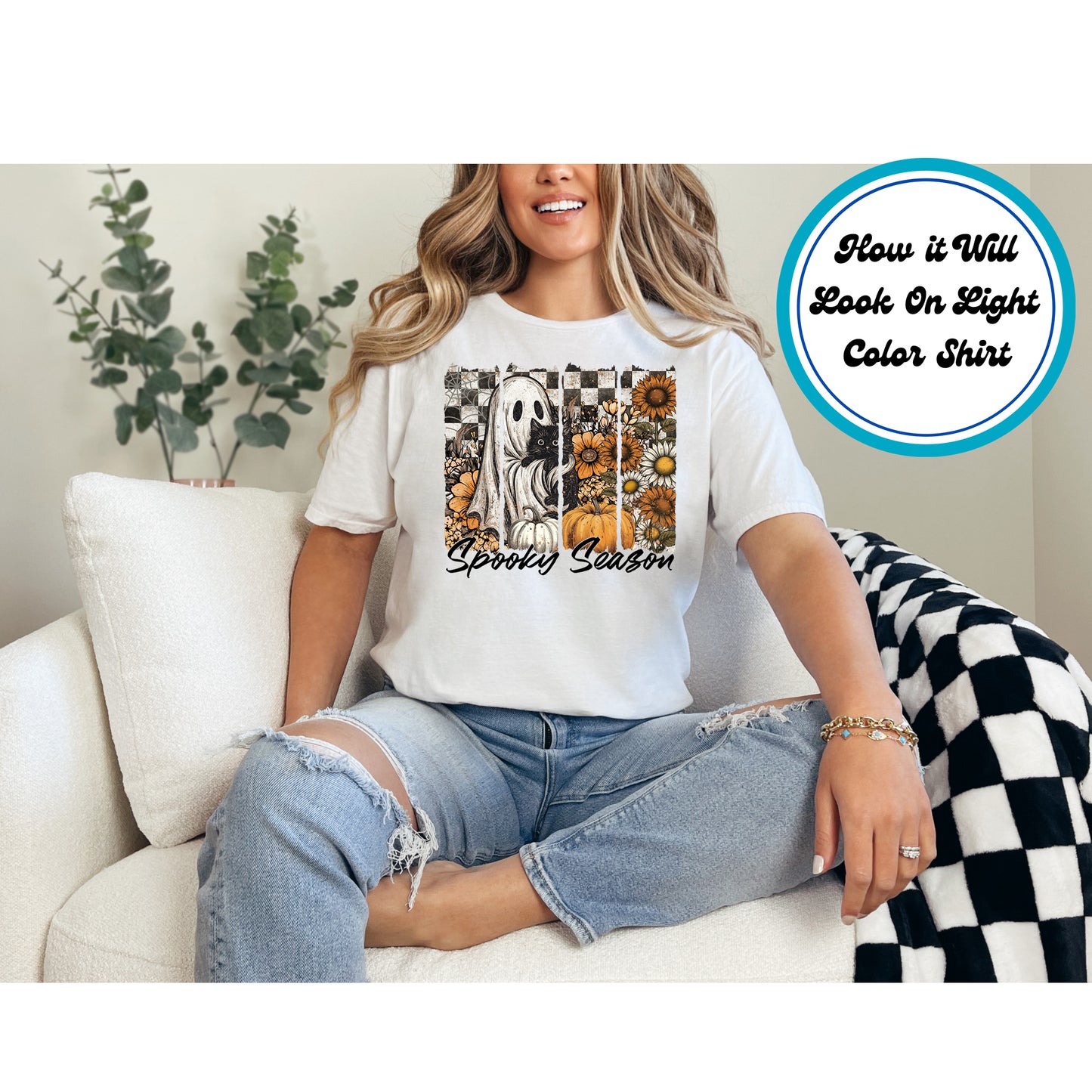 Halloween DTF Transfer – Spooky Season Ghost with Black Cat Sunflowers and Pumpkins Ready to Press Iron on Heat Transfer DIY Shirts 11210