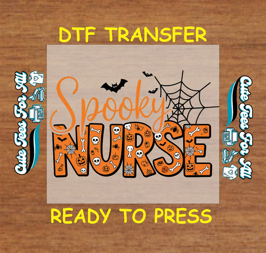 Spooky Nurse with pumpkins skulls and cobwebs ready to press dtf transfer for DIY shirts

