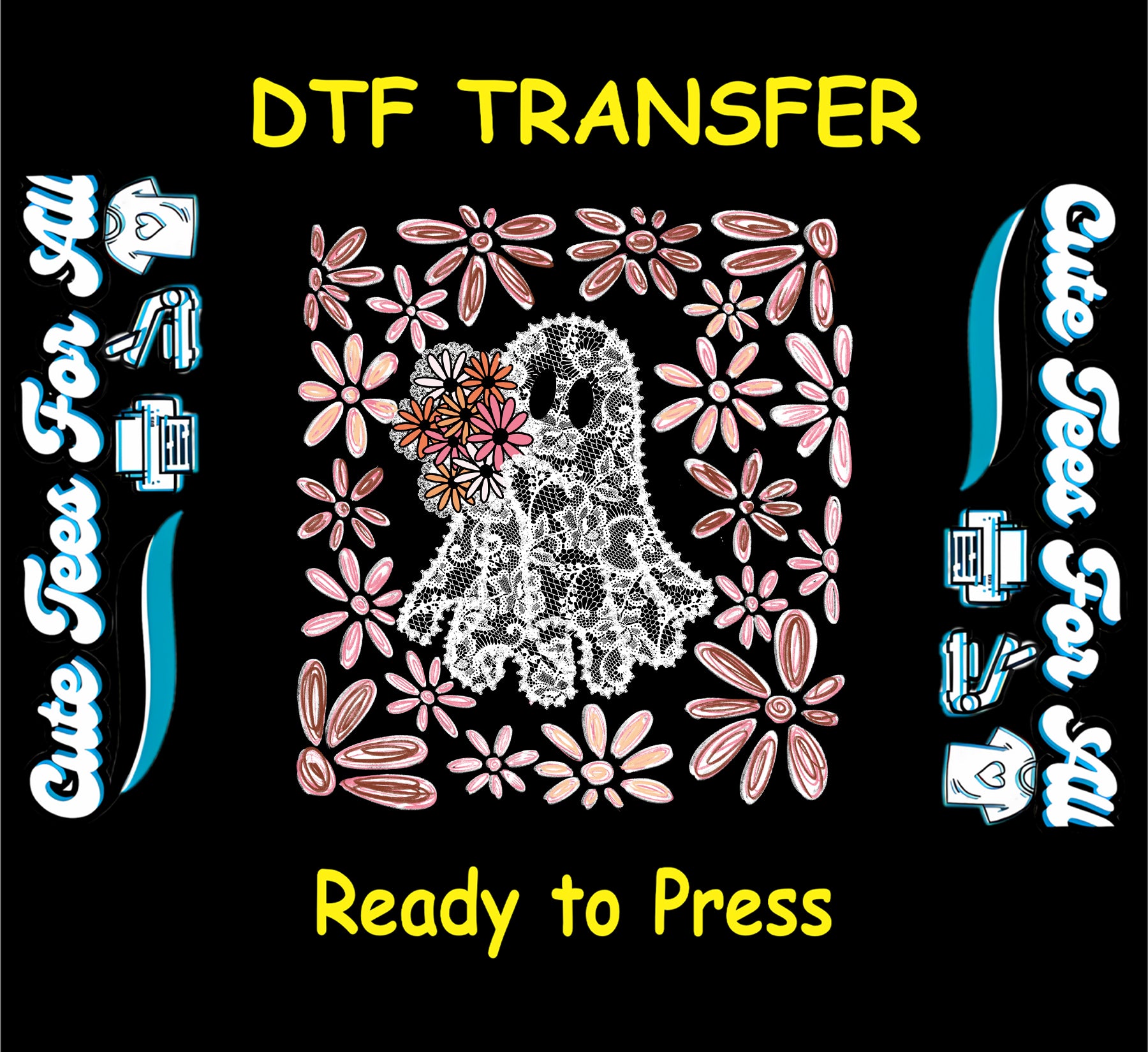 Lace ghost with colorful flowers ready to press dtf transfer for DIY shirts


