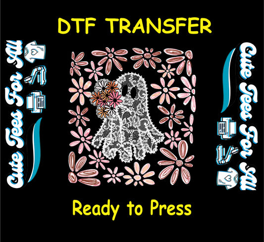 Lace ghost with colorful flowers ready to press dtf transfer for DIY shirts

