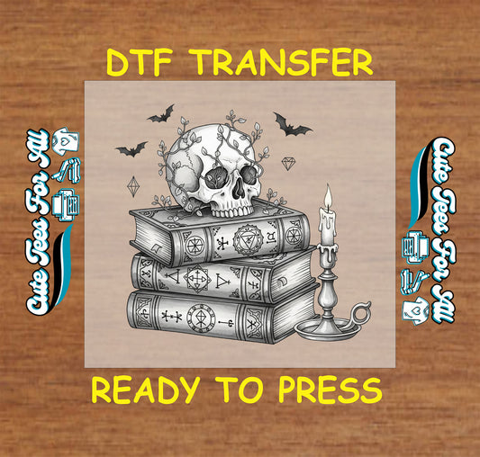 Skull on spell books with candle and bats ready to press dtf transfer for DIY shirts

