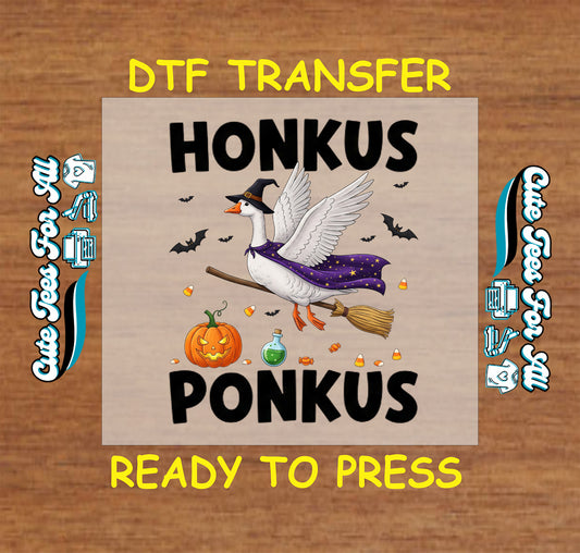 Honkus Ponkus witch goose with broom pumpkin and bats ready to press dtf transfer for DIY shirts

