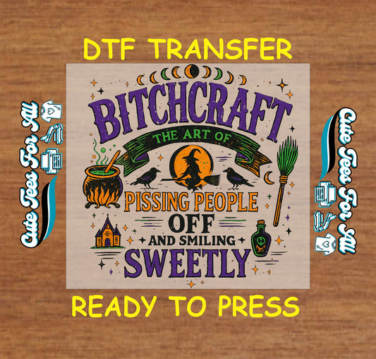 Witchcraft humor with cauldron broom and witch silhouette ready to press dtf transfer for DIY shirts

