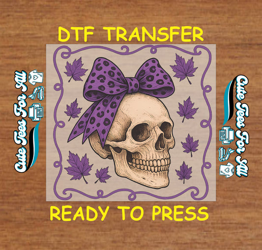 Skull with purple leopard print bow and leaves ready to press dtf transfer for DIY shirts

