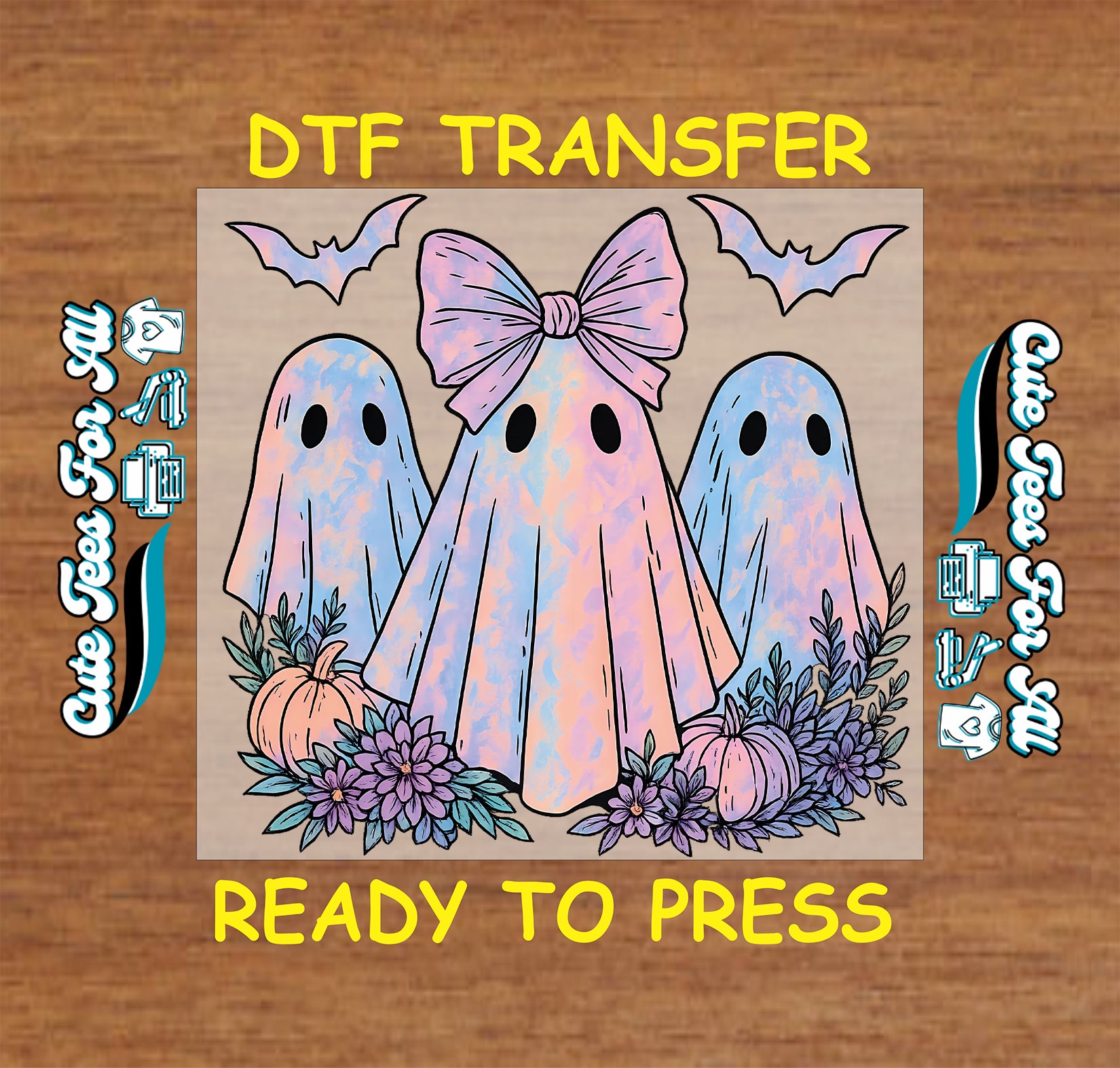 Pastel ghost trio with pink bow pumpkins and flowers ready to press dtf transfer for DIY shirts

