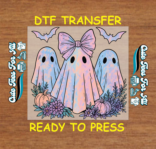 Pastel ghost trio with pink bow pumpkins and flowers ready to press dtf transfer for DIY shirts

